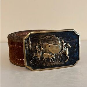 Vintage BTS Solid Brass Belt Buckle 1970s Cattle Roundup Cowboy Horse Accessory